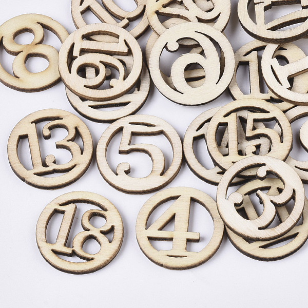 PandaHall Laser Cut Wood Shapes, Unfinished Wooden Embellishments, Wooden Cabochons, Circle with Random Numbers, PapayaWhip, 25x2.5mm Wood...