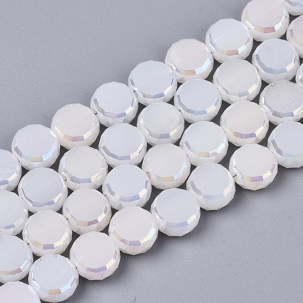 

PandaHall Electroplate Opaque Solid Color Glass Beads Strands, AB Color Plated, Faceted Flat Round, White, 8x4mm, Hole: 1.5mm, about...