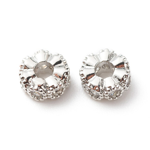 

PandaHall Brass Clear Cubic Zirconia Spacer Beads, Cadmium Free & Lead Free, Flower, Platinum, 6x3mm, Hole: 2mm Brass Flower Clear