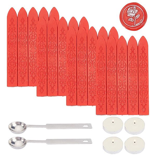 

PandaHall CRASPIRE DIY Scrapbook Kits, Including Candle, Stainless Steel Spoon and Sealing Wax Sticks, Orange Red, 9x1.1x1.1cm, 20pcs Wax