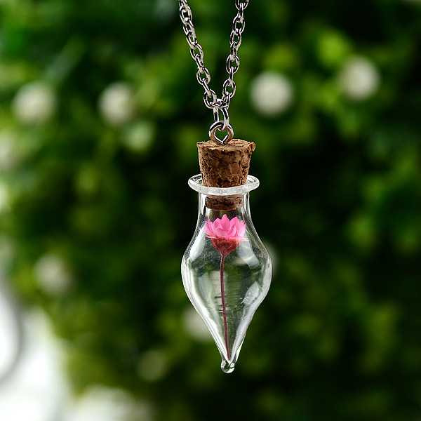 

PandaHall Dried Flower Inside Glass Wish Bottle Pendant Necklaces, Platinum Alloy Jewelry for Women, Fuchsia, 18.90 inch(48cm) Glass Bottle..., Pink
