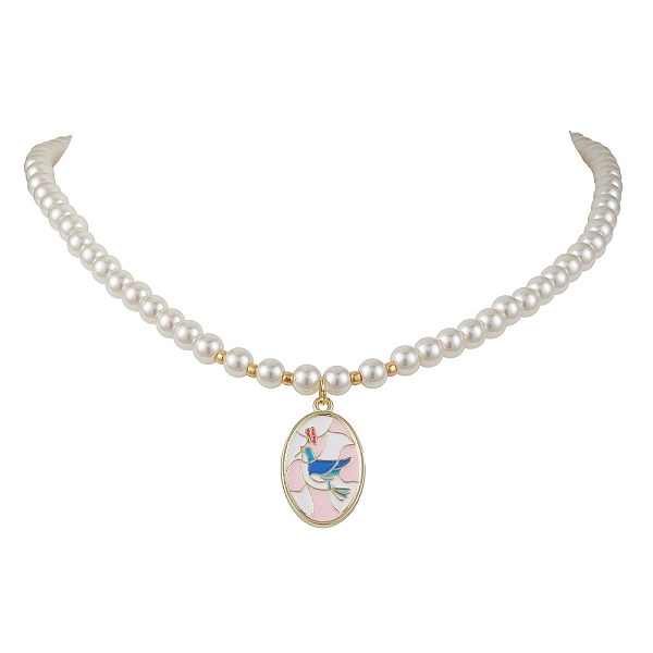 

PandaHall White Glass Pearl Beaded Necklaces, Alloy Enamel Pendant Necklaces for Women, Flower, Golden, Bird, 15.63 inch(39.7cm) Glass Bird