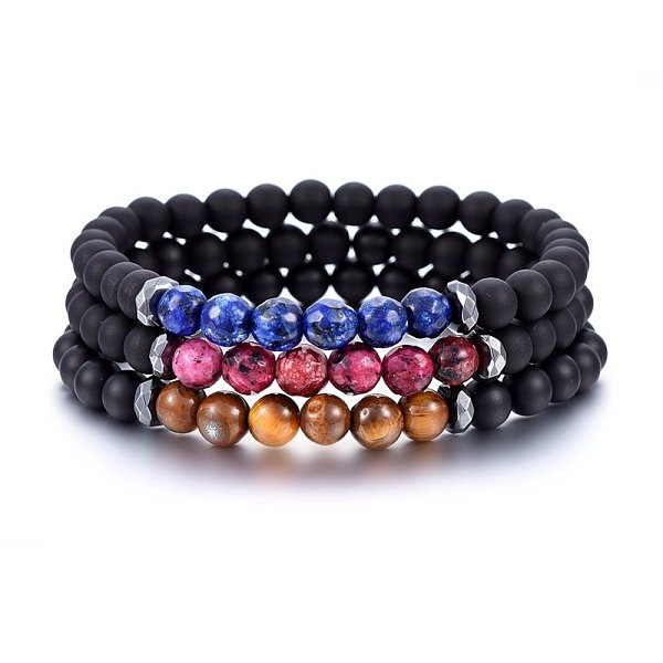 PandaHall Natural Frosted Black Agate Beaded Stretch Bracelets, with Mixed Stone Beads, 2-1/4 inch(5.6cm), 3pcs/set Mixed Stone Multicolor