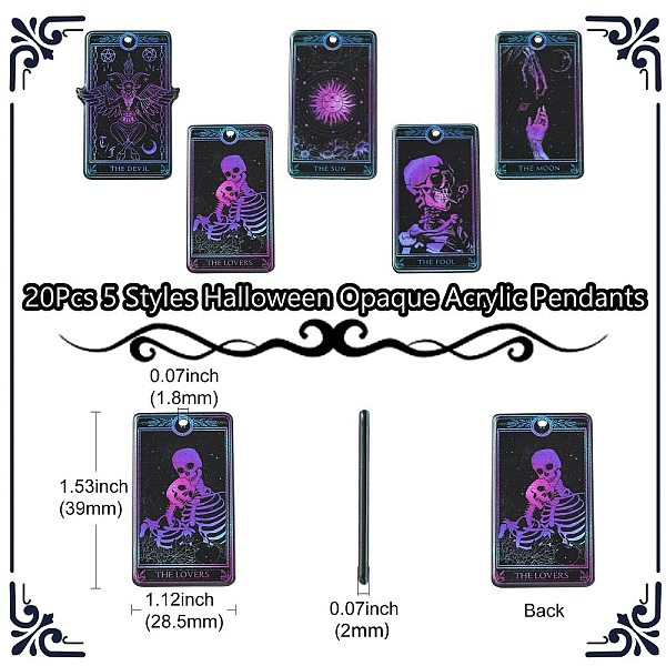 

PandaHall 20Pcs 5 Styles Halloween Opaque Acrylic Pendants, Rectangle with Tarot Pattern, Black, 39x26.5x2mm, Hole: 1.8mm, 4pcs/style...
