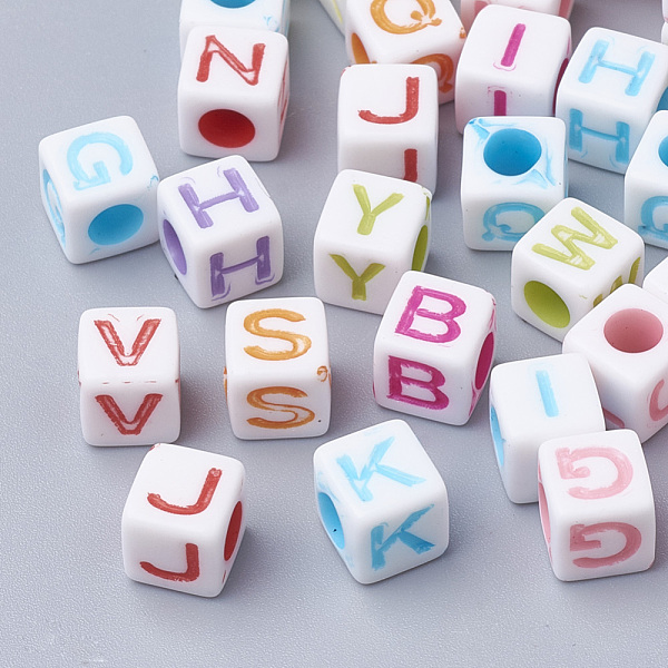 

PandaHall Craft Style Acrylic Beads, Horizontal Hole, Cube with Initial Letter, Mixed Color, 7x7x7mm, Hole: 3.5mm, about 1950pcs/500g..., White