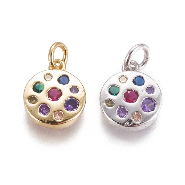 

PandaHall Brass Micro Pave Cubic Zirconia Charms, Flat Round, Colorful, Mixed Color, 9.5x3mm, Hole: 3mm Brass+Cubic Zirconia Flat Round