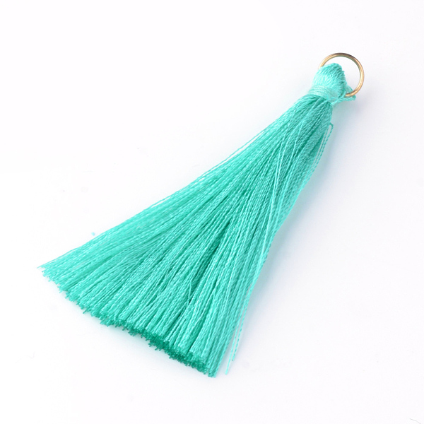 

PandaHall Nylon Thread Tassel Big Pendants Decoration, with Brass Findings, Golden, Cyan, 63~66x7mm, Hole: 7mm Nylon Cyan