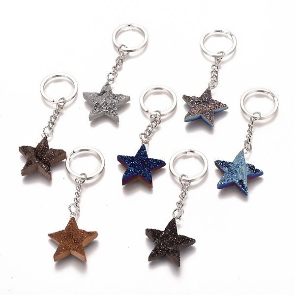 

PandaHall Electroplated Natural Dyed Druzy Quartz Keychain, with Iron Findings, Star, Grade AB, Platinum, Mixed Color, 83~85mm Quartz..., Multicolor