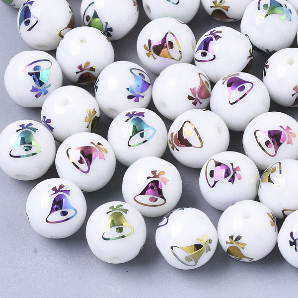 

PandaHall Christmas Opaque Glass Beads, Round with Electroplate Christmas Bell Pattern, Multi-color Plated, 10mm, Hole: 1.2mm Glass Round..., White