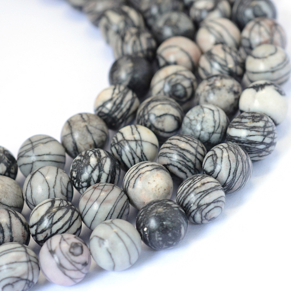 

PandaHall Natural Black Silk Stone/Netstone Round Bead Strands, 8~8.5mm, Hole: 1mm, about 47pcs/strand, 15.5 inch Netstone Round