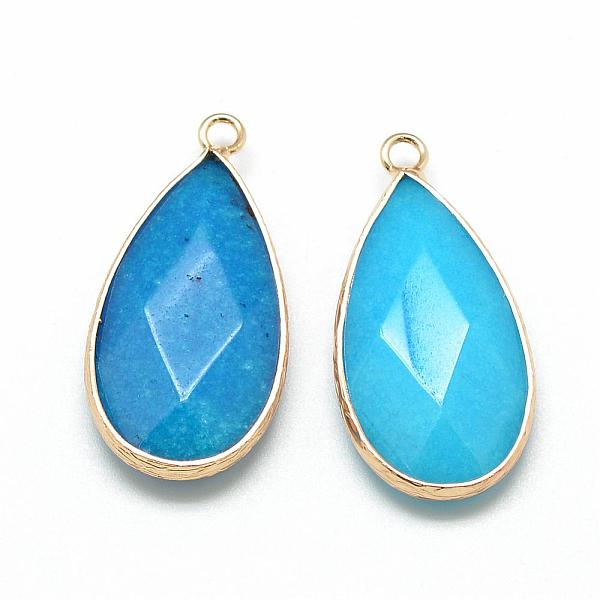 

PandaHall Natural White Jade Pendants, with Golden Tone Brass Findings, Faceted, teardrop, Dyed, Deep Sky Blue, 32.5~33x16x6mm, Hole: 2.5mm...