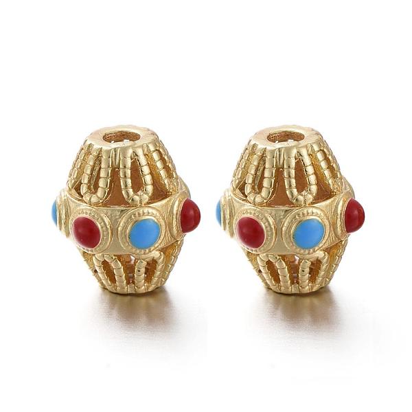 

PandaHall Matte Gold Color Brass Hollow Beads, with Enamel, Long-Lasting Plated, Bicone, Red, 10x9~10mm, Hole: 2mm Brass+Enamel Bicone Red