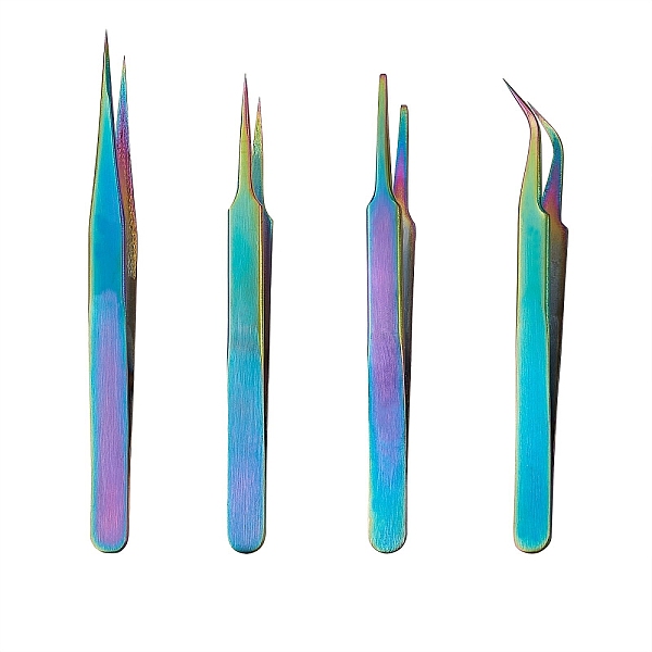 PandaHall 4Pcs 4 Style Stainless Steel Beading Tweezers, Colorful, 12.1~13.6x0.95~1cm, 1pc/style Stainless Steel