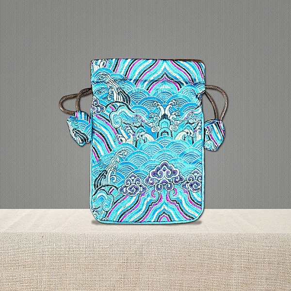 

PandaHall Chinese Style Brocade Drawstring Gift Blessing Bags, Landscape Print Jewelry Storage Pouches for Wedding Party Candy Packaging..., Cyan