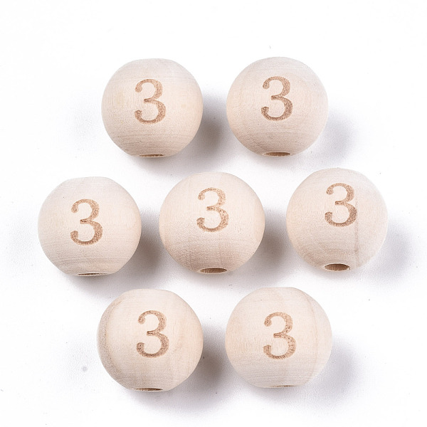 

PandaHall Unfinished Natural Wood European Beads, Large Hole Beads, Laser Engraved Pattern, Round with Number, Num.3, 15~16x14~15mm, Hole...