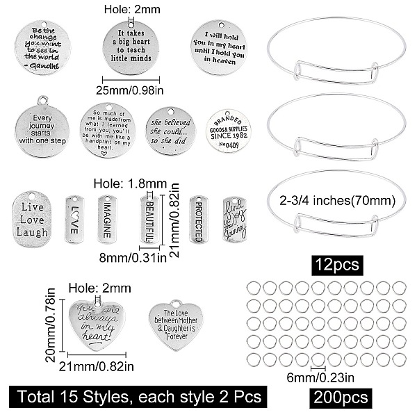 

PandaHall SUNNYCLUE DIY Word Theme Bangle Making Kits, with Alloy Pendants, Adjustable Brass Bangle Makings, Antique Silver, 2-3/4 inch...