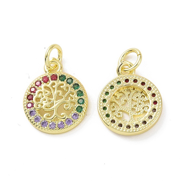 

PandaHall Brass Micro Pave Colorful Cubic Zirconia Pendants, with Jump Ring, Flat Round with Tree Charms, Real 18K Gold Plated, 15x12x2mm...