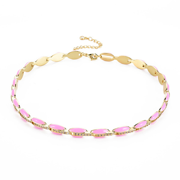 

PandaHall Brass Micro Pave Cubic Zirconia Link Tennis Necklaces for Women, with Enamel, Nickel Free, Real 18K Gold Plated, Oval, Pearl Pink...