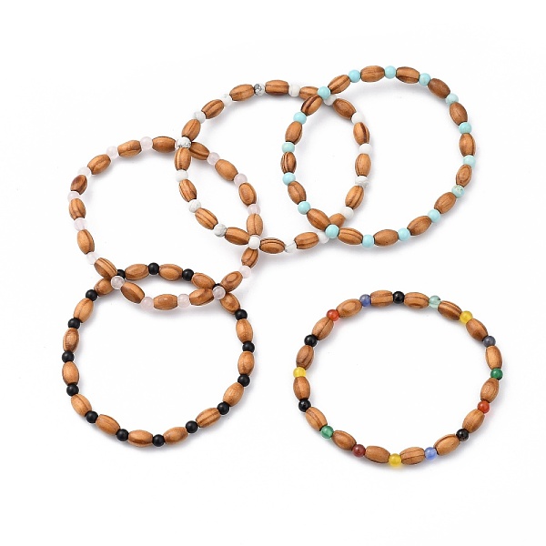 

PandaHall Stretch Beaded Bracelets, with Wood Beads and Natural & Synthetic Gemstone Beads, Inner Diameter: 2-1/4 inch(5.6cm) Mixed Stone