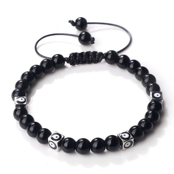 Trendy Ethnic Style Cube Evil Eye & Round Natural Black Onyx(Dyed & Heated) Beaded Stretch Bracelets