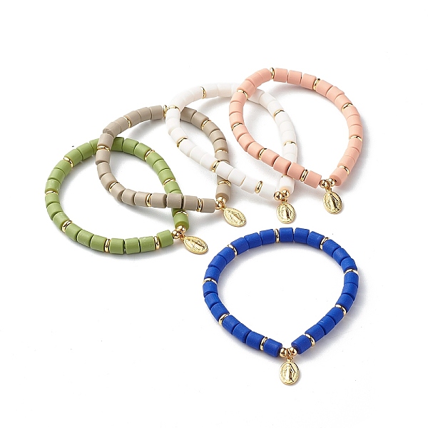 

PandaHall Handmade Polymer Clay Beads Stretch Bracelets, with Brass Charm, Oval with Virgin Mary, Mixed Color, 1/4 inch(0.6~0.65cm), Inner..., Multicolor