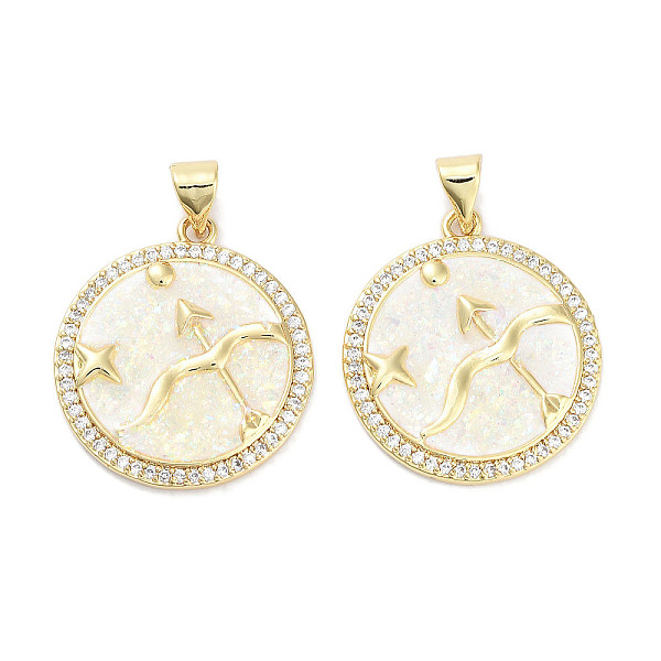 

PandaHall Brass Micro Pave Clear Cubic Zirconia Pendants, with Synthetic Opal and ABS Plastic Pearl, Real 18K Gold Plated, Flat Round with...