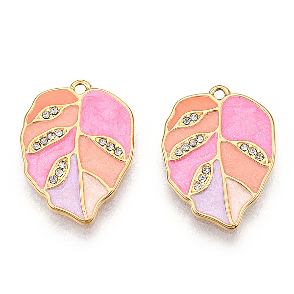 

PandaHall Real 18K Gold Plated 304 Stainless Steel Rhinestone Pendants, with Enamel, Leaf Charms, Hot Pink, 21.5x16x2mm, Hole: 1mm Stainless...