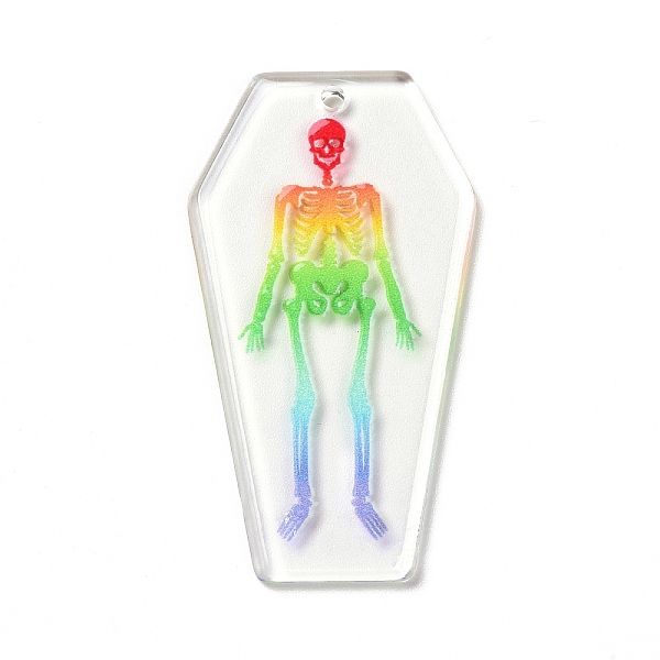 

PandaHall Printed Acrylic Pendants, for Halloween, Coffin with Skeleton Charm, Colorful, 45x24x3mm, Hole: 1.8mm Acrylic Skeleton