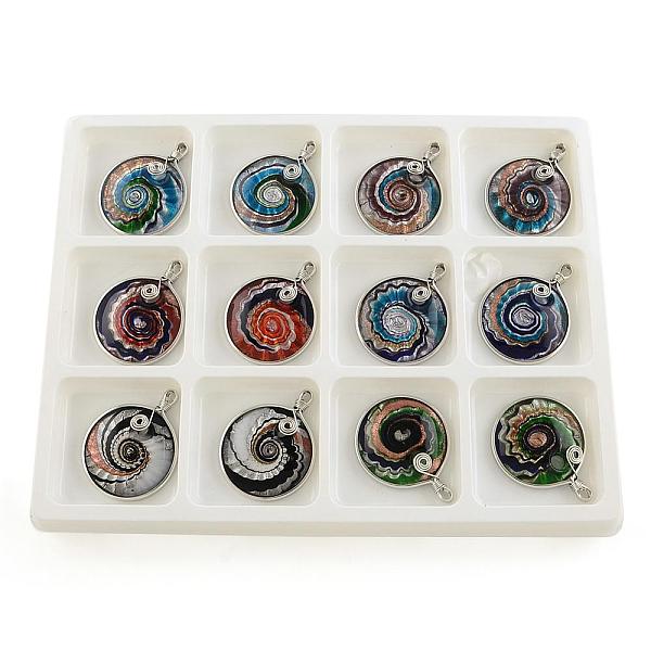 

PandaHall Handmade Silver Foil Lampwork Pendants, Flat Round, with Gold Sand and Iron Findings, Platinum, Mixed Color..., Multicolor