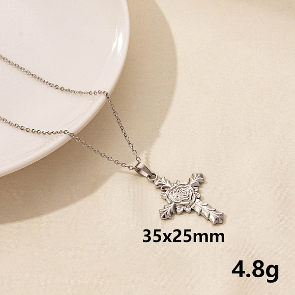 

PandaHall Vintage Stainless Steel Cross with Rose Pendant Lock Collarbone Chain Necklace for Women Stainless Steel