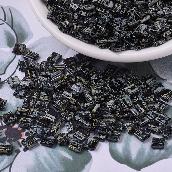 

PandaHall MIYUKI TILA Beads, Japanese Seed Beads, 2-Hole, (TL4511) Black Picasso, 5x5x1.9mm, Hole: 0.8mm, about 118pcs/10g Glass Black