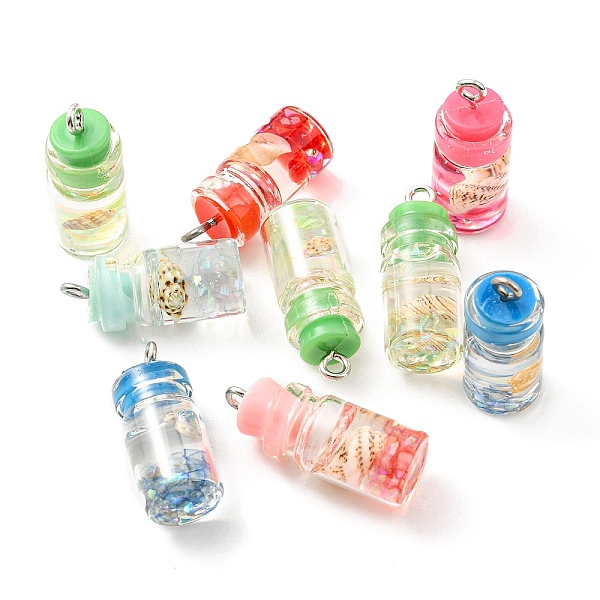 

PandaHall Translucent Resin Pendants, Drink Charms, Glass Bottle with Shell Inside and Metal Loops, Mixed Color, 22.8x10mm, Hole: 2mm, about..., Multicolor