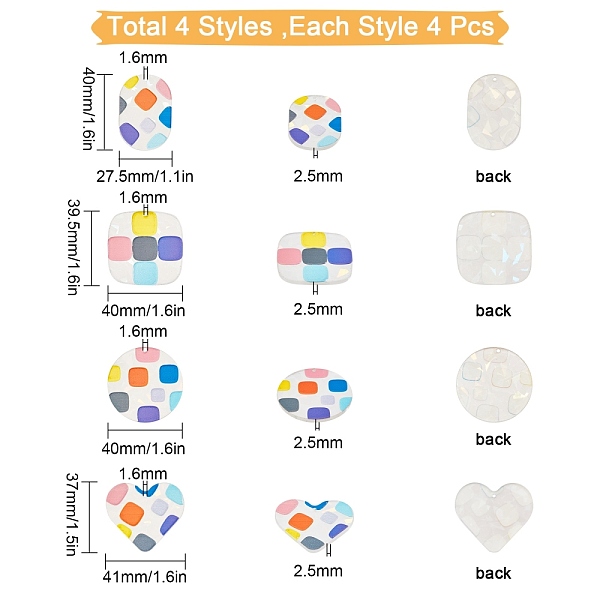 

PandaHall SUNNYCLUE 16Pcs 4 Style Transparent Clear Acrylic Pendants, 3D Printed, with Film on the Back, Heart & Oval & Square & Flat Round..., Multicolor