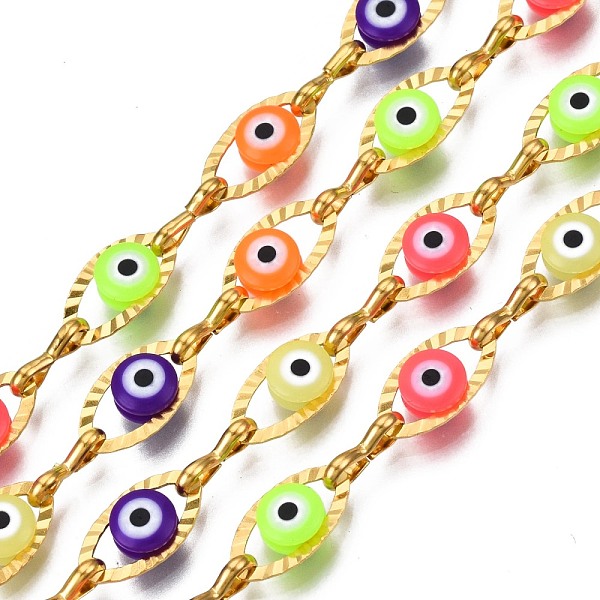 

PandaHall Ion Plating(IP) 304 Stainless Steel Textured Oval Cable Chains, with Enamel Evil Eye Beads, with Spool, Unwelded, Real 18K Gold...