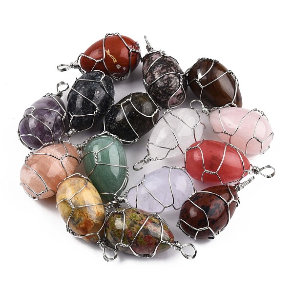 

PandaHall Natural & Synthetic Mixed Gemstone Pendants, with Brass Wire Wrapped, Egg Shape Charm, Platinum, 41.5~43.5x20~21x20~21mm, Hole...