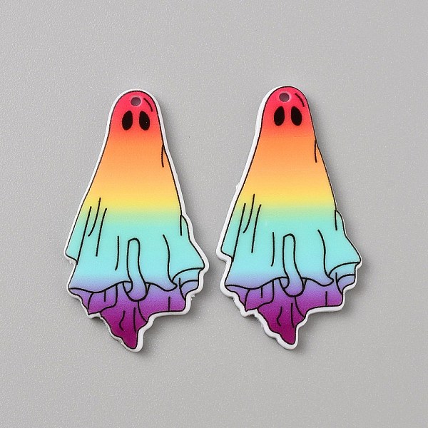 

PandaHall Halloween Printed Opaque Acrylic Pendants, Ghost Charm, Colorful, 45x24.5x2mm, Hole: 1.6mm Acrylic Ghost