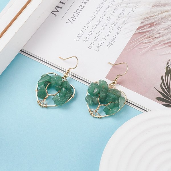 

PandaHall Natural Green Aventurine Chips Braided Heart with Tree of Life Dangle Earrings, Brass Wire Wrap Jewelry for Women, Golden, 42mm...