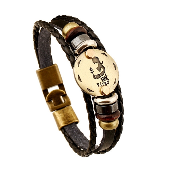 

PandaHall Braided Cowhide Cord Multi-Strand Bracelets, Constellation Bracelet for Men, with Wood Bead & Alloy Clasp, Virgo, 7-7/8~8-1/2 inch..., Black