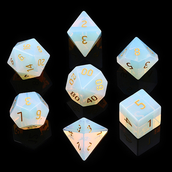 

PandaHall Metal Enlaced Opalite Polyhedral Dice Set, RPG Game Crystal Stone Dice, 16.5~27x16.5~27x16.5~27mm, 7pcs/set Opalite Dice