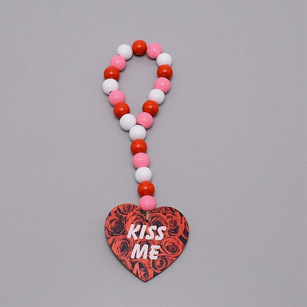 

PandaHall Valentine's Day Theme Schima Wood Beads Pendants Decorations, with Heart & Word KISS ME, Red, 260mm Wood Flower Red