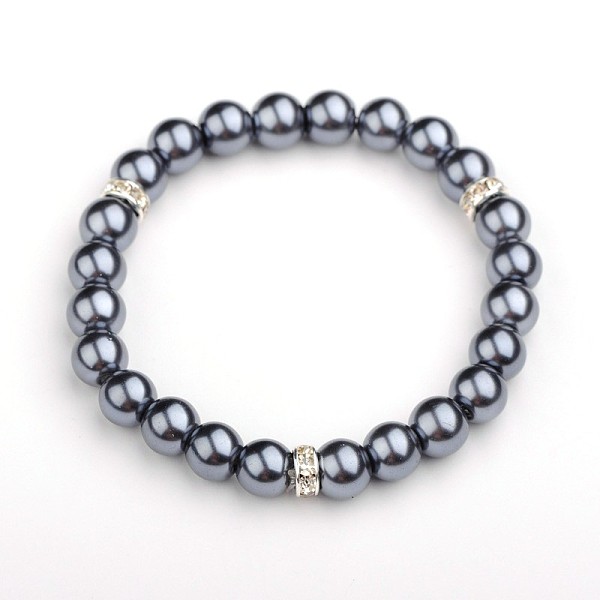 PandaHall Glass Pearl Round Beads Stretch Bracelets, with Silver Color Plated Brass Middle East Rhinestone Beads, Gray, 52mm Glass Gray