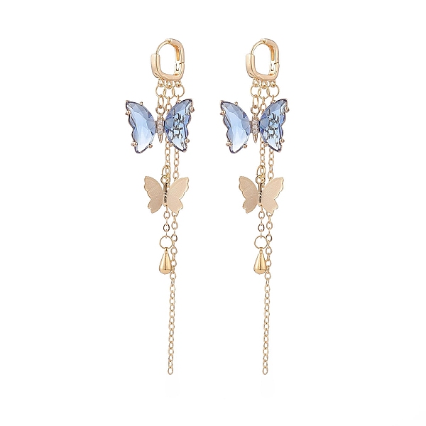 

PandaHall Glass Butterfly Dangle Hoop Earrings with Clear Cubic Zirconia, Golden Brass Long Tassel Earrings for Woman, Cornflower Blue, 95mm...