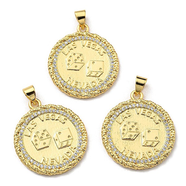 

PandaHall Brass with Cubic Zirconia Pendants, Long-Lasting Plated, Lead Free & Cadmium Free, Flat Round with Dice Charm, Real 18K Gold..., Clear