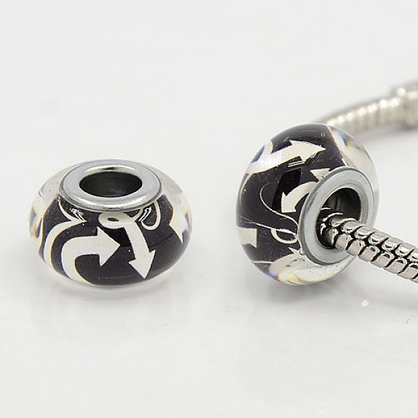 

PandaHall Glass European Beads, Large Hole Beads, with Brass Platinum Color Double Cores, Rondelle with Pattern, Black, 13.5~14.5x8mm, Hole...