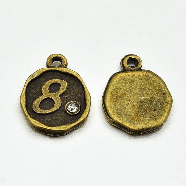 

PandaHall Antique Bronze Plated Alloy Rhinestone Charms, Flat Round with Num.8, Nickel Free, 13x10x1.5mm, Hole: 1mm Alloy+Rhinestone Number..., Clear