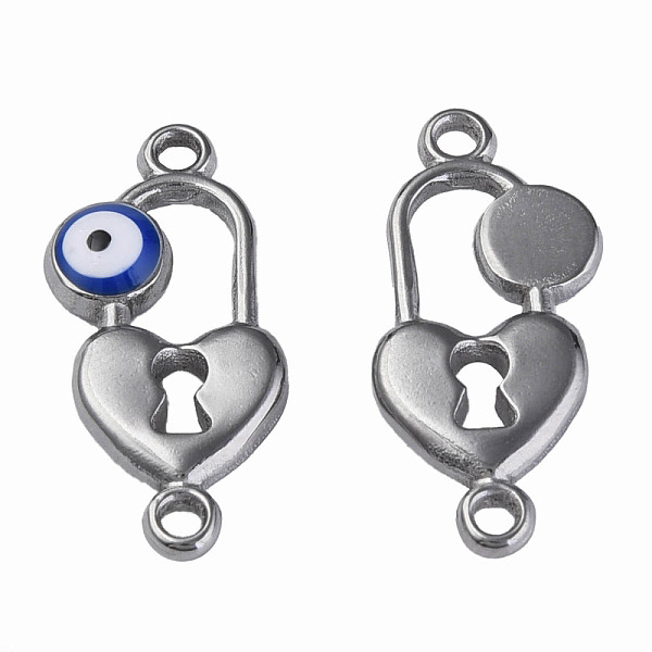 

PandaHall 304 Stainless Steel Enamel Connector Charms, Stainless Steel Color, Heart-Shaped Lock with Evil Eye, Dark Blue, 23x11x3mm, Hole...