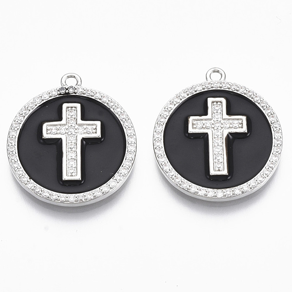 

PandaHall Brass Micro Pave Cubic Zirconia Pendants, with Enamel, Nickel Free, Flat Round with Cross, Clear, Real Platinum Plated, Clear..., Black