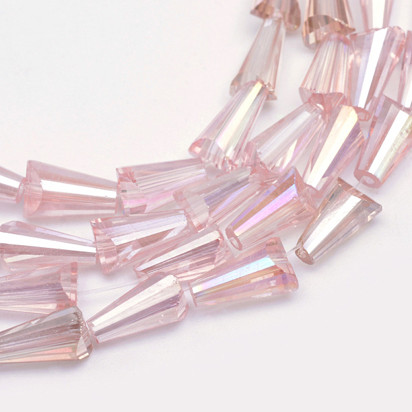 

PandaHall AB-Color Plated Transparent Glass Bead Strands, Cone, Pearl Pink, 8x4mm, Hole: 1mm, about 72pcs/strand, 22 inch Glass Cone Pink