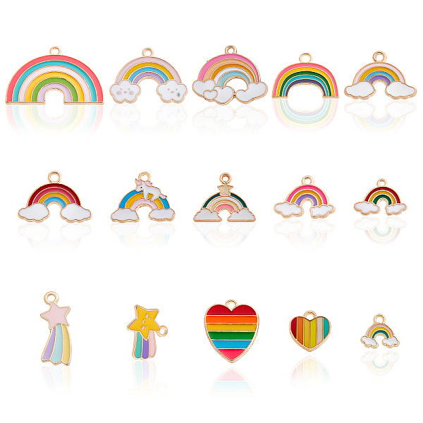 

PandaHall SUPERFINDINGS 60Pcs 15 Style Alloy Enamel Pendants, Light Gold, Rainbow, Mixed Color, 13~20x9~31.5x1~2mm, Hole: 1.6~2mm..., Multicolor
