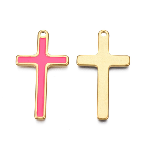 

PandaHall 304 Stainless Steel Enamel Pendants, Real 18K Gold Plated, Cross, Hot Pink, 40x22x1.5mm, Hole: 2mm Stainless Steel+Enamel Cross